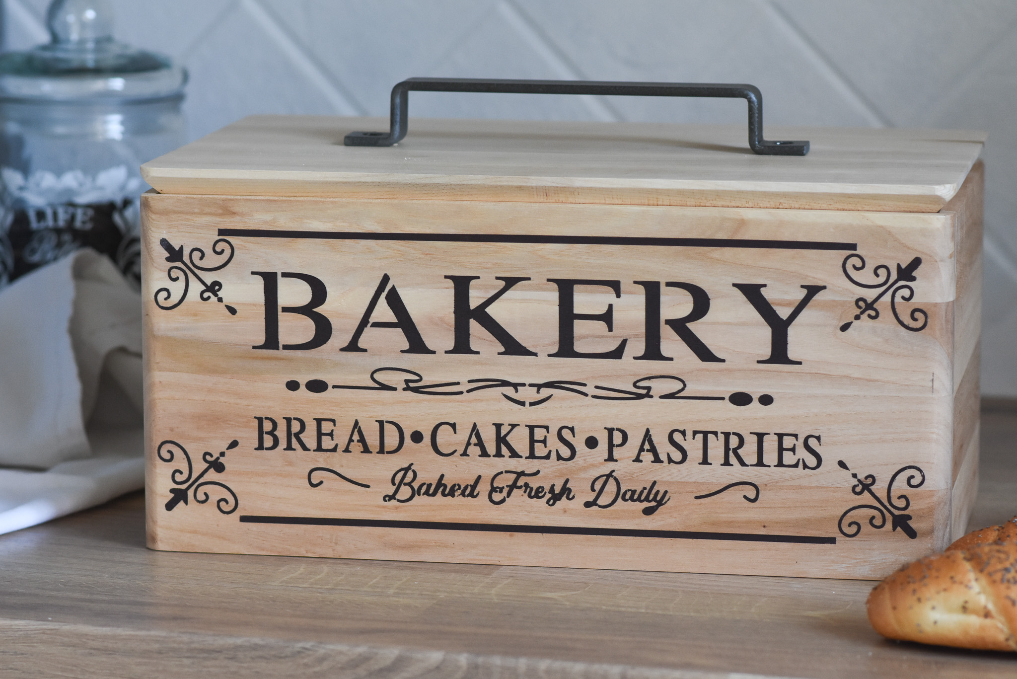 Farmhouse Maple Wood Bread Box with Lift-Up Lid and Steel Handle